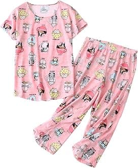 ENJOYNIGHT Women's Pajama Sets Cotton Sleepwear Tops with Capri Pants Cute Pjs