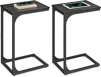 Set of 2 C-Shaped Side Table, Bedside Table, Sofa Side Table, Coffee Table, with Metal Frame, Industrial, for Living Room, Bedroom, Grey Oak and Ink Black LET354B42