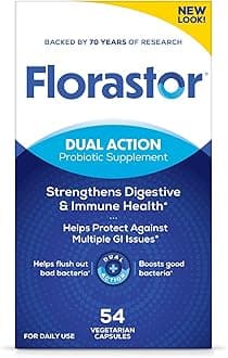 Florastor Probiotics for Digestive and Immune Health, 54 Capsules, Probiotics for Women & Men, Helps Flush Out Bad Bacteria, Boosts The Good with Our Strain Saccharomyces Boulardii, Packaging May Vary