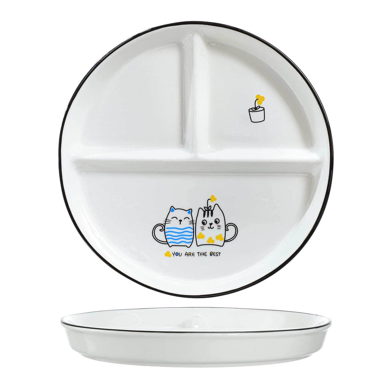 SOCOSY Ceramic 3-Compartment Portion Control Plate Divided Dish Platters, Divided Dessert Plate Salad Plate Dinner Plate Snack Dishes, Appetizer Serving Trays, 1 PCS-Couple Cats-8 Inch