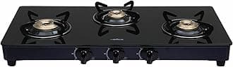 Elica Vetro 3 Burner Auto Ignition Gas Stove | 773 CT VETRO BLK AI | Brass Burners | Toughened Glass Top | Euro Coated Pan Support | 7-Year Glass Warranty | Black