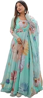 Shasmi Womens Organza Stylish Floral Printed Orgenza Anarkali Ankle Length Dress Gown, Kurta with Dupatta Set Anarkali Gown with Dupatta