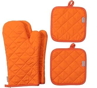 Oven Mitts and Pot Holders 4 pcs Set,High Heat Resistant 500 Degree Extra Thicken Long Kitchen Cotton Oven Glove for Cooking (12 Inch,Orange)…