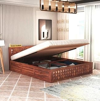 Strata Furniture Sheesham Wood Diamond Queen Size Bed with Hydraulic Storage Wooden Double Bed Cot Palang for Living Room Home Bedroom (Honey Finish)
