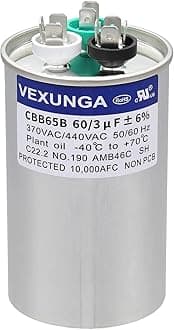 60/3 uF 60+3 MFD 370VAC or 440VAC Dual Run Start Round A/C Capacitor CBB65 CBB65B Air Conditioner Capacitors for AC Unit Fan Motor Start or Heat Pump or Condenser Straight Cool