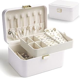 KAMIERKAMIER Jewelry Box Organizer for Women,2 Layer Jewelry Organizer Boxes for Earrings Bracelets Rings Necklaces,Luxury Leather & Soft Velvet Lined,Gift Box Packaging, White