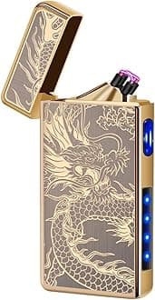 LCFun Plasma Lighter - USB Type C Rechargeable, Flameless, Windproof Dual Arc Lighter with LED Battery Indication for Candles, Outdoor Camping, Fireworks (Gold Dragon)