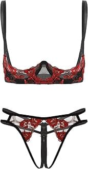 Kaerm Woman's See Through Sheer Lace Lingerie Set 1/4 Cups Underwired Push Up Bra Top with G-String Briefs