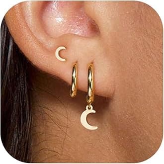 GUOKE 3 Pairs Small Hoop Earring Stacks, 14K Gold/Silver/Black/Rose Gold Plated Pearl Heart Butterfly Bow Star Moon Leaf Diamond Hoop Charm Drop Huggie Earrings Trendy Jewelry Gift for Women