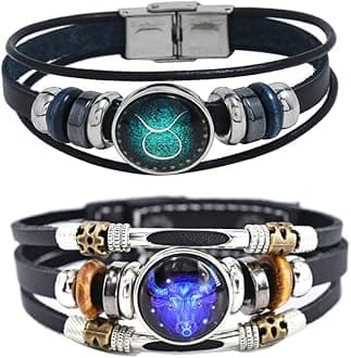 2Pcs Multilayer Constellation Zodiac Leather Bracelet Handmade Woven Zodiac Sign Wrap Bracelet Wristband for Women Men Jewelry Birthday Gift