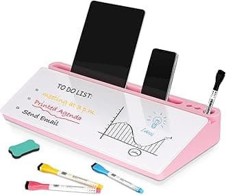 DOLLAR BOSS Glass Desk Whiteboard Small Dry Erase Board Desktop White Board with Storage Drawer Computer Keyboard Stand Desk Organizer Office Accessories School Supplies with 4 Markers 1 Eraser, Pink