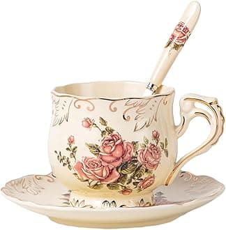 YOLIFE Rose Ivory Teacup Cup and Saucer Set,Ceramic Vintage Tea Cup Set with Matching Spoon (8 oz)