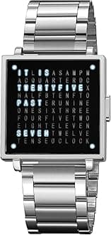 Men’s Square Word-Matrix LED Watch Read Time in Words 30 m Waterproof Big Face Multifunctional Date Wristwatch Vintage Luxury Business Dress Timepiece Stainless Steel or Gold/Silver Toned Leather Strap Gift for Men