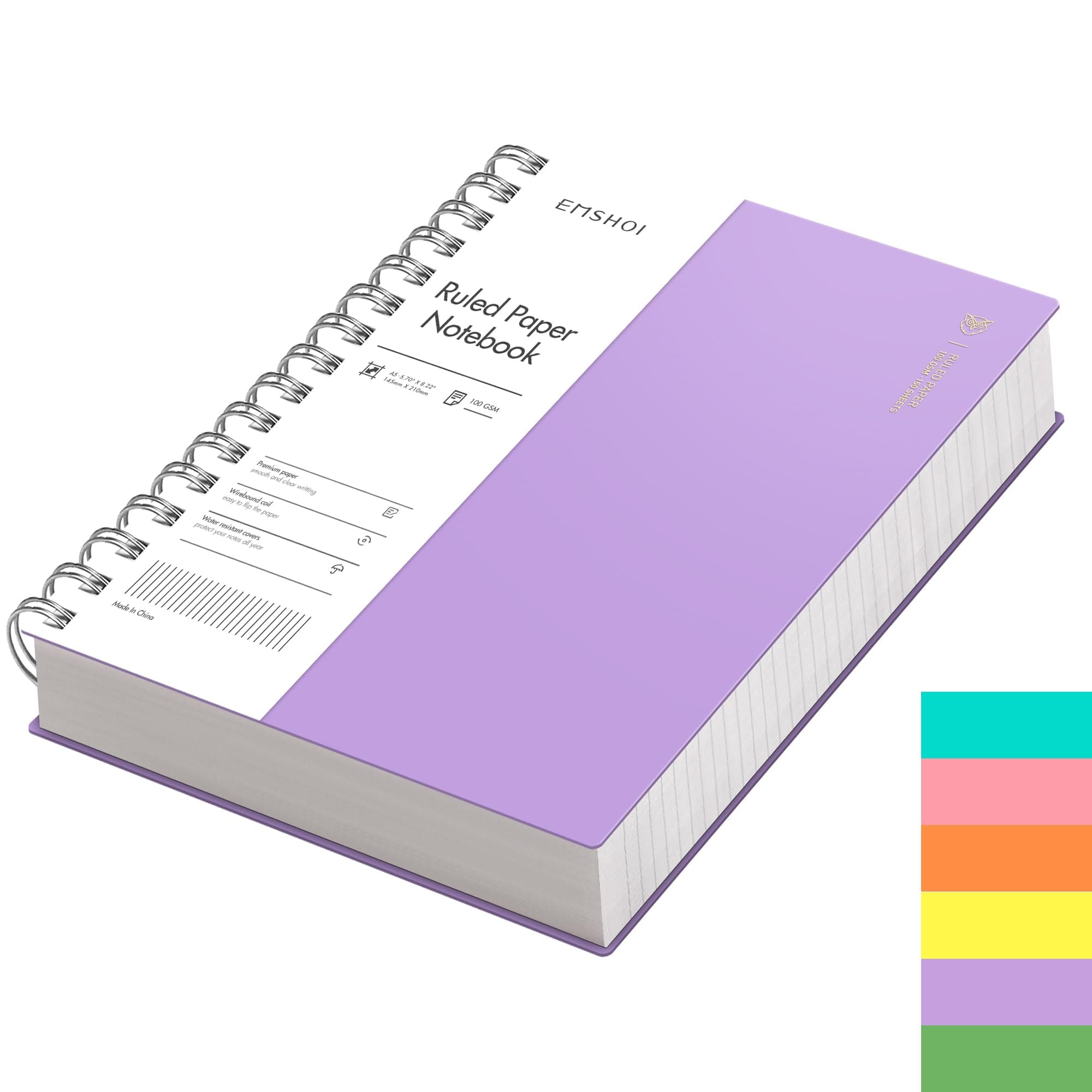 EMSHOI A5 Notebook Lined 300 Pages/150 Sheets, Wirebound Spiral Notepad, 100gsm Thick Paper, Waterproof Hardcover, Writing Journal for Women Men Work Office School, 14.5 x 21cm, Purple