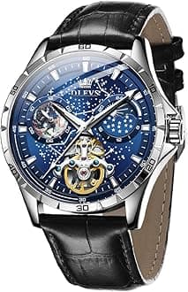 OLEVSOLEVS Mens Leather Watches Automatic Mechanical Skeleton Tourbillon Diamond Luxury Self Winding Dress Wrist Watches Moon Phase Waterproof Luminous