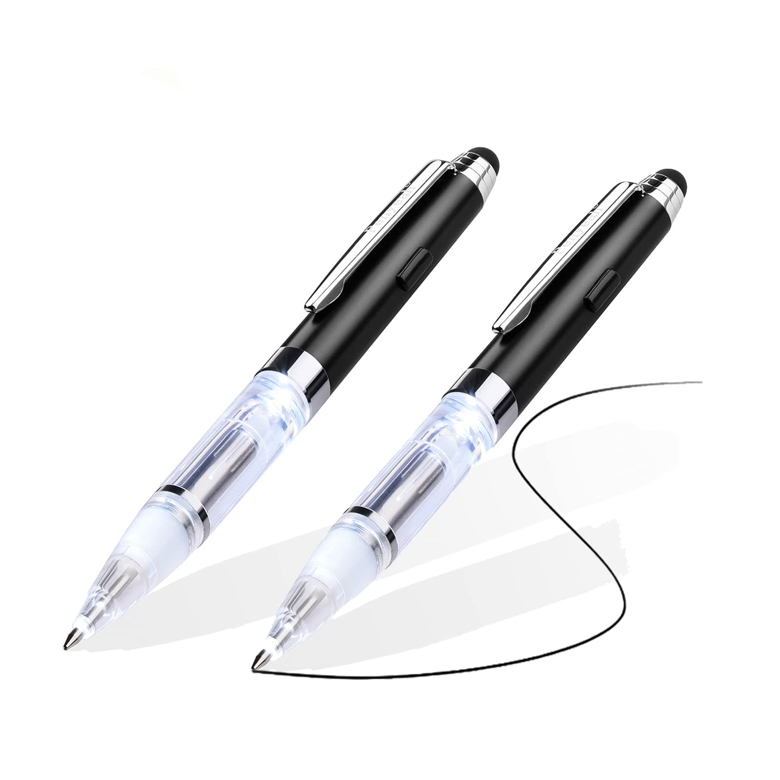 Pen with Light and Stylus Tip (2 cts), 3 in 1 Light Up Pens with Rubber Tip Stylus for Touchscreens, Bright Light Pen for Writing in The Dark (2 White Light)
