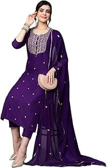 GoSriKi Women's Cotton Blend Embroidered Straight Kurta with Pant & Dupatta
