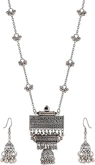 Shining Diva Fashion Latest Stylish Traditional Oxidised Silver Necklace Jewellery Set for Women (13118s), One Size, Metal, No Gemstone, One, mother_of_pearl, Metal, No Gemstone, One, mother_of_pearl,