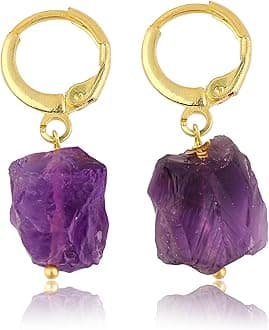 Raw Gemstone Hoop Earrings – Natural Crystal Stone Dangle Earrings for Women – Hypoallergenic Gold Plated Small Hoops – Handmade Lightweight Statement Jewelry