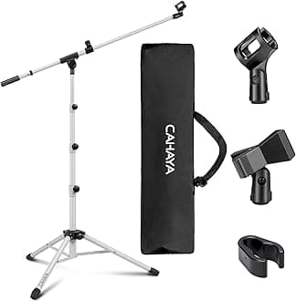 CAHAYA Microphone Stand Tripod Boom Arm Floor Mic Stand with Carrying Bag and 2 Mic Clips for Singing Performance Wedding Stage and Mic Mount White
