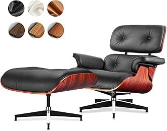 Top Black Grain Leather, Mid Century Chaise Lounge Chair and Ottoman, Modern Chair Classic Design, Heavy Duty Base Support for Living Room Study Lounge Office, Darkrosewood, Heightening