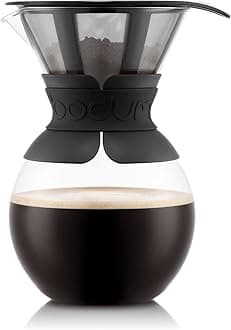 Bodum 34oz Pour Over Coffee Maker, High-Heat Borosilicate Glass with Reusable Stainless Steel Filter and Black Band - Made in Portugal