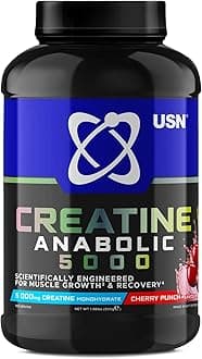USN Creatine Anabolic 5000 – All-in-One Muscle Growth & Recovery Powder, 5000mg Creatine Monohydrate + 3000mg BCAAs, Low Sugar, Cherry Punch Flavour, 900g (30 Servings) - New Formula