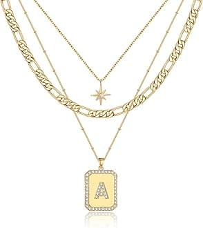 MJartoriaLayered Initial Necklaces for Women Trendy, 14K Gold Plated Simple Star Choker Square Letter Pendant Necklace, Figaro Chain Gold Necklaces Jewelry Gifts