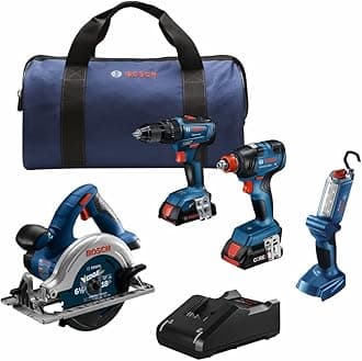 BOSCH GXL18V-497B23 18V Power Tool Combo Kit - 4 Tool Cordless Set with 1/2 In. Hammer Drill/Driver, Two-in-One Impact Driver/Wrench, Circular Saw, Worklight, Batteries & Charger