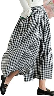 chouyatou Women's Cotton Linen Pants Elastic Waist Plaid Gingham Wide Leg Capri Palazzo Pants (X-Large, Black)