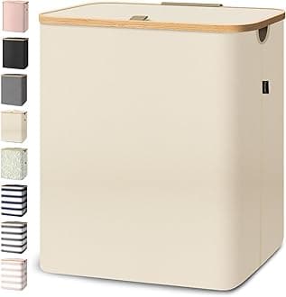 BALEINE Laundry Hamper with Lid, Tall Laundry Baskets with Bamboo Pull Handles, Large Laundry Bin with Internal Support (36 Gal/140L, Beige)