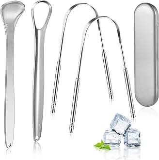 MORGLES Metal Tongue Scraper, 4 Pcs Tongue Cleaners with Case for Adults