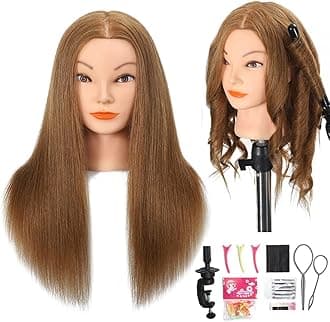 Mannequin Head with 100% Real Human Hair Cosmetology Mannequin Doll Head for Practice Braiding Hairdresser Head with Stand and Tool (#Light Brown)