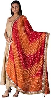 kalpit creationsWomen's Jaipuri Art Silk Bandhej Rajasthani Bandhani Dupatta with Gota Patti Lace