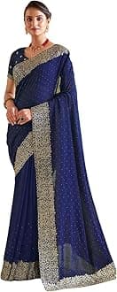 Satrani Women's Vichitra Silk Hot Fixing Embroidery Border Saree with Unstitched Blouse Piece