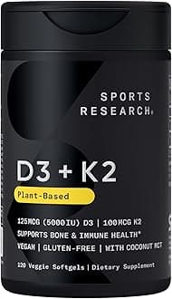 Vitamin D3 with K2 Softgels - Plant Based K2 & Vegan D3 5000iu with Coconut MCT Oil - Vegan Certified, Soy & Gluten Free - 120 Count