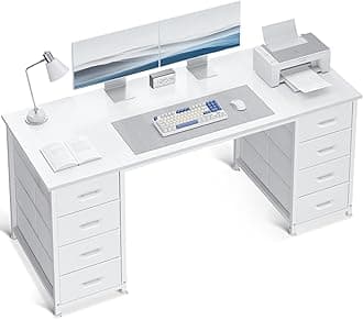55 Inch Computer Desk with 8 Fabric Drawers, Modern Office Desk with Large Storage for Home Office, Study, Gaming, White