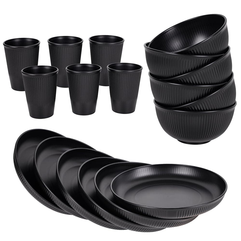 18pcs Wheat Straw Dinnerware Sets HXYPN Unbreakable Reusable Dinnerware Set Kitchen Cups Plates and Bowls Sets Dorm Dishes Dinner Plate Dishwasher and Microwave Safe Black