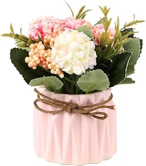 - Artificial Hydrangea Bouquet with Small Ceramic Vase Fake Silk Variety Flower Balls Flowers Decoration for Table Home Party Office Wedding (Pink)