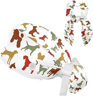 Women's Working Caps Bouffant Surgical Cap with Bow Scrunchies Little Daisy Art Paint Ponytail Holder Tie Back Scrub Hat