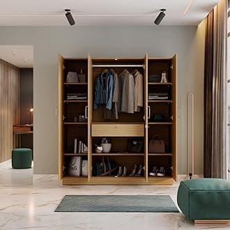 Wardrobe | 1 Year Warranty | Engineered Wood Almirah, Cupboard for Clothes Storage | 4 Door, Mirror, 1 Drawer, 1 Hanging Space | Gingham - Urban Teak