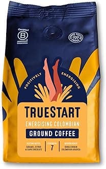 TrueStart Ground Coffee 200g, Smooth Energising Colombian - Ground Coffee for Cafetiere, V60 & Aeropress, Mycotoxin-Free, Rich in Antioxidants, Freshly Hand Roasted Speciality Grade, Medium Roast