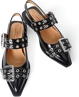 LunhonkSlingback Flats for Women, Buckle Ballet Flats with Close Toe Pointed Toe Block Heel Dress Flat Shoes