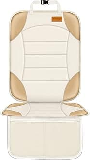 Car Seat Protector for Child Car Seats, Waterproof 600D Fabric Car Seat Cover, Non-Slip Backing, Thick Padding, Mesh Pockets for Storage, Protects Leather & Fabric Upholstery (Off-White)