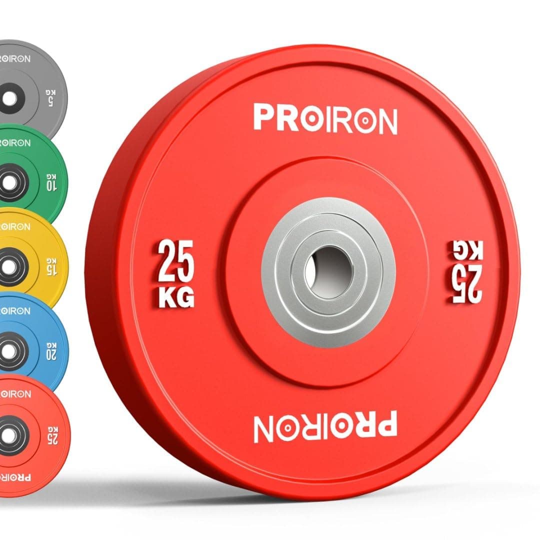 PROIRON Olympic Bumper Plates, 2" Solid Rubber Weight Plates for Barbell Strength Training and Weight Lifting, 5kg 10kg 15kg 20kg 25kg, Single or Pair