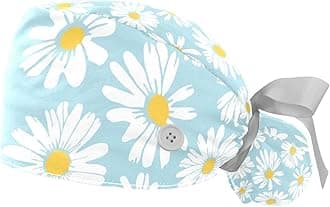Mersov Little Daisy White Flowers Light Blue Working Cap with Button & Sweatband, 2 Packs Reusable Surgical Surgery Hats Ponytail Holder, Light Blue,white, Medium-3X-Large