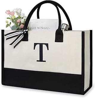 Personalized Initial Canvas Beach Bag, Monogrammed Gift Tote Bag for Women