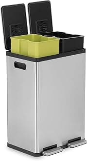 SIMPLI-MAGIC 60 Liter / 16 Gallon Rectangular Hands-Free Dual Compartment Recycling Kitchen Step Trash Can with Soft-Close Lid, Brushed Stainless Steel