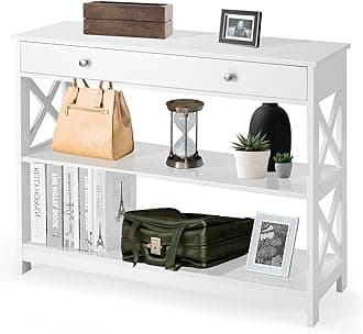 CASART 3-Tier Console Table, X-Design Wooden Side End Table with a Drawer & Shelves, Narrow Sofa Table Hall Desk for Living Room Bedroom Entryway (White)