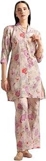 Leriya Fashion Soft Cotton Blend Floral Foil Print Puff Sleeve Shawl Collar Straight Kurta Pant Set For Women Causal Festival Office Shopping Outing Wear For Girls Ethnic Co Ord Set (LF-K2729&P151)